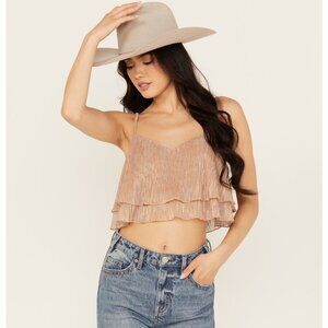 En Creme Women's Metallic Cropped Tank Top Sz MED Gold Brown Shimmer Ruffles